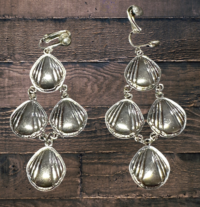 Clip on 3" silver multi shell dangle earrings