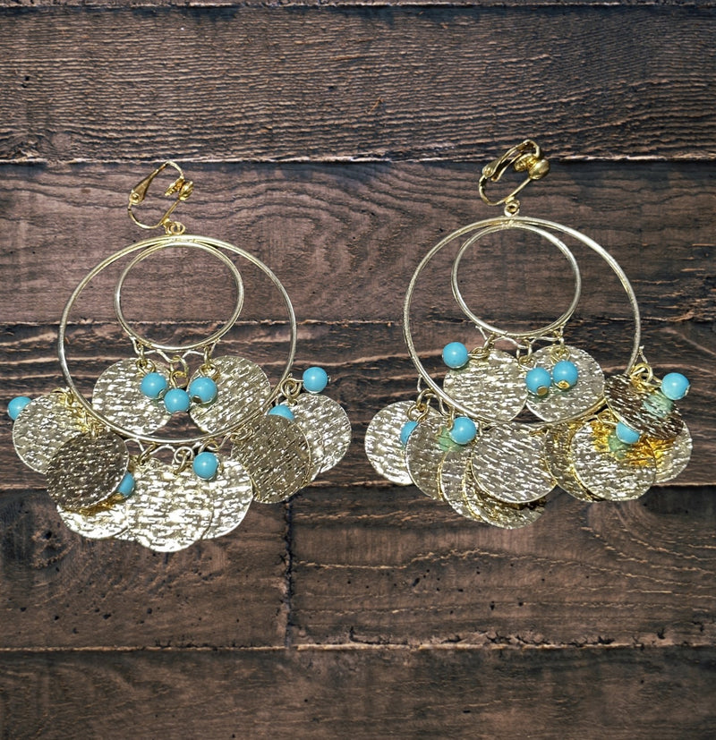 Clip on 3 1/4" gold disc dangle double hoop style earrings w/turquoise beads