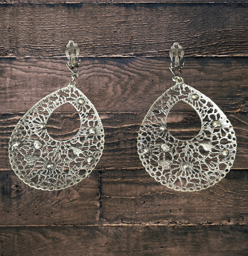 Vintage 3 1/4" long silver double cutout flower teardrop earrings w/clear stones