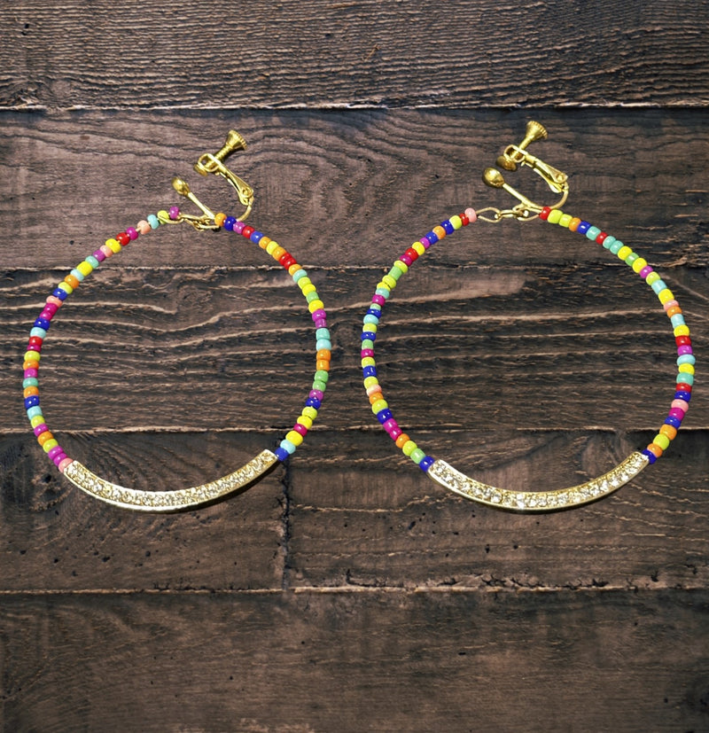 Clip on 2 3/4" gold and multi colored seed bead hoop earrings
