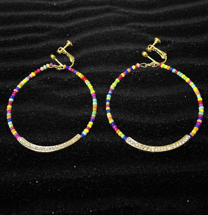 Clip on 2 3/4" gold and multi colored seed bead hoop earrings