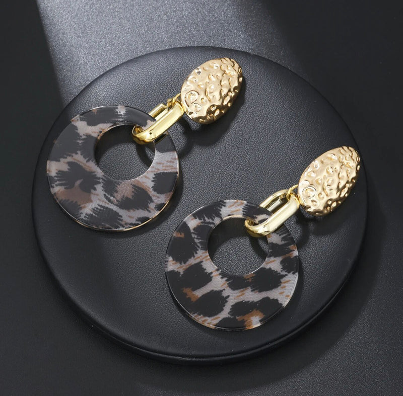 Clip on 3" hammered gold and black animal print dangle wide hoop earrings