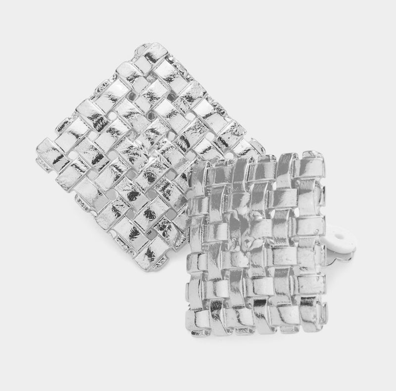 Clip on 1 1/4" silver woven square button style earrings