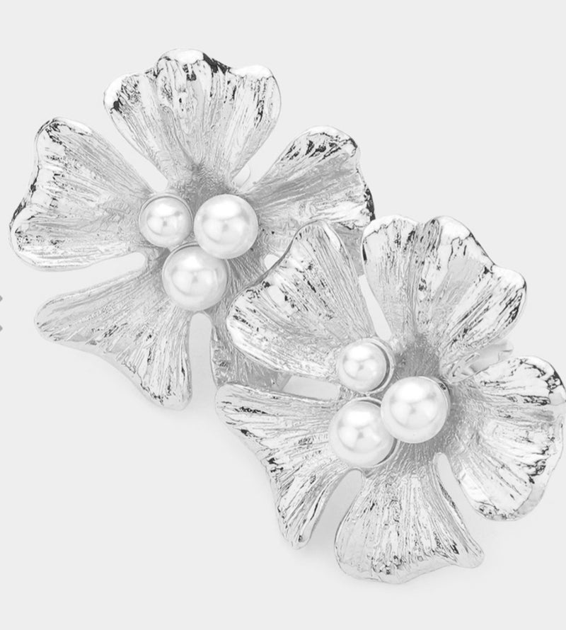 Clip on 2" XL silver and white pearl cut flower earrings