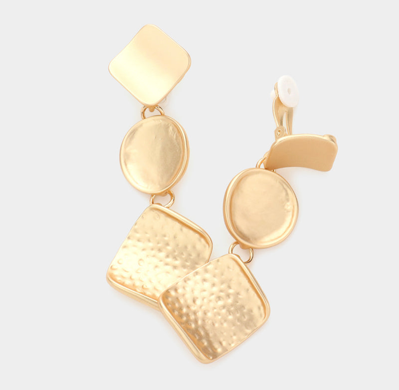 Clip on 2 3/4" matte gold hammered bent circle and square earrings