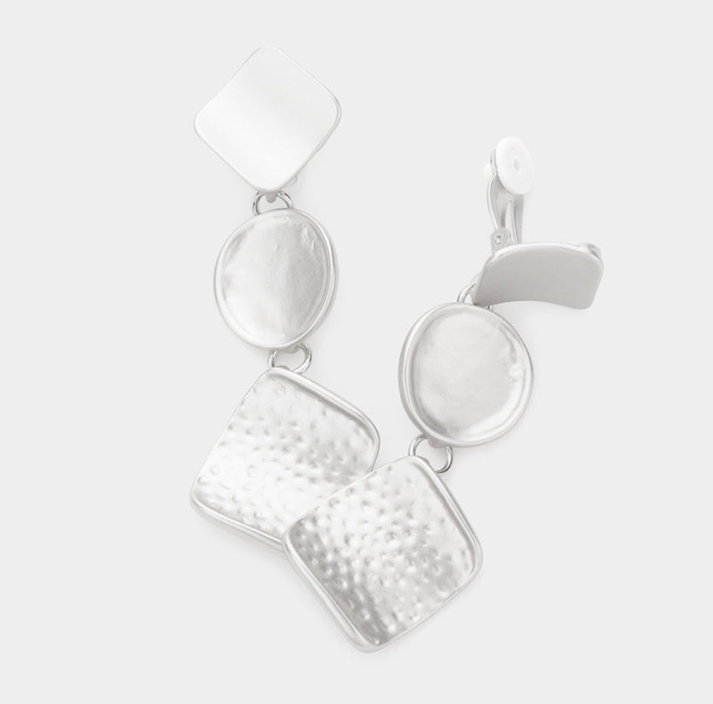 Clip on 2 3/4" matte silver hammered bent circle and square earrings