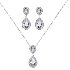 Beautiful clip on silver and clear stone double teardrop necklace & earring set