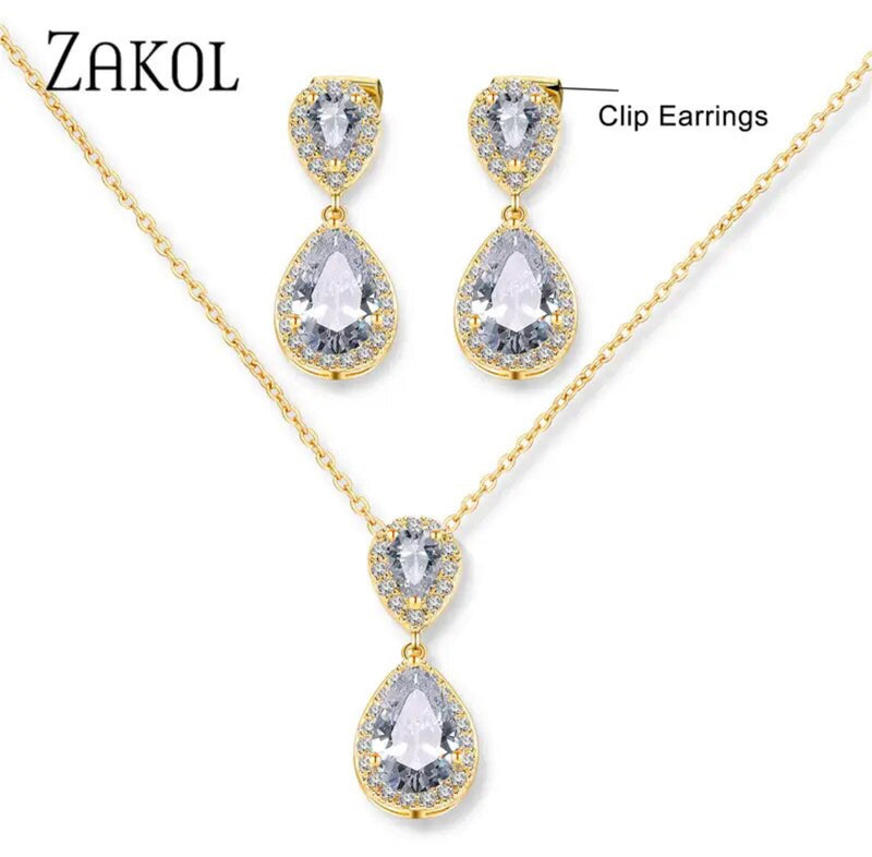 Beautiful clip on gold and clear stone double teardrop necklace & earring set