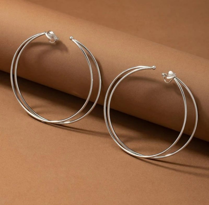 Clip on 3 1/4" XL shiny silver double layer twisted open back hoop earrings