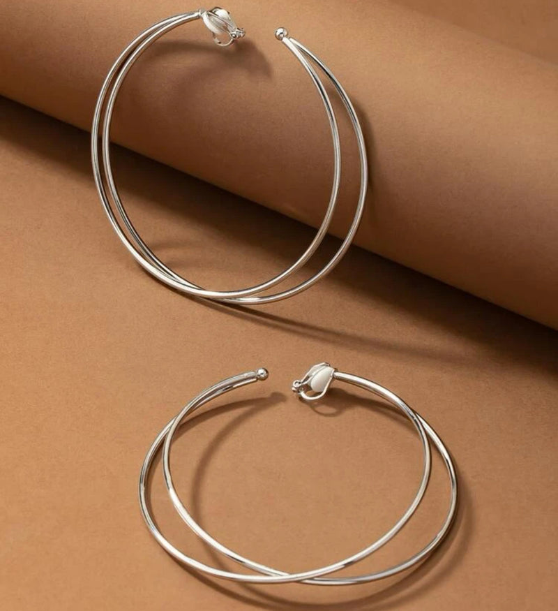 Clip on 3 1/4" XL shiny silver double layer twisted open back hoop earrings