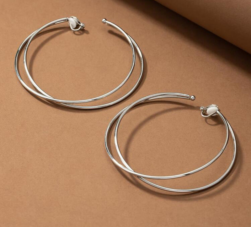 Clip on 3 1/4" XL shiny silver double layer twisted open back hoop earrings