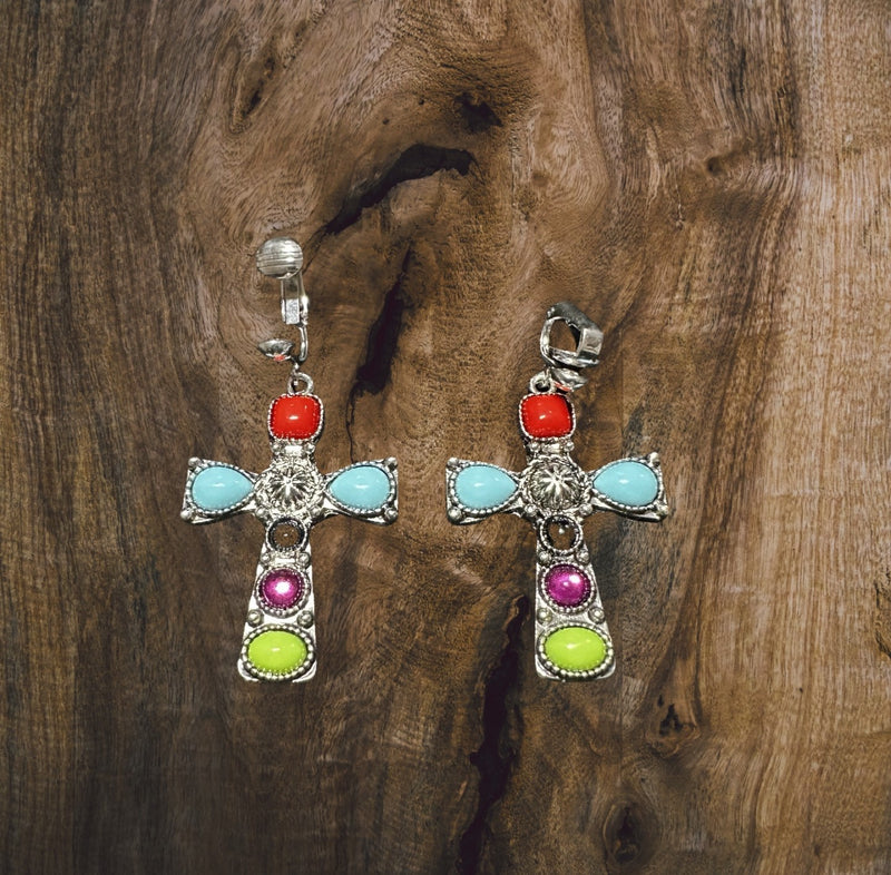Western clip on 2 1/4" silver, turquoise, multi colored stone dangle cross earrings