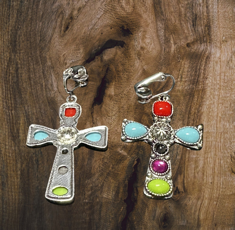 Western clip on 2 1/4" silver, turquoise, multi colored stone dangle cross earrings