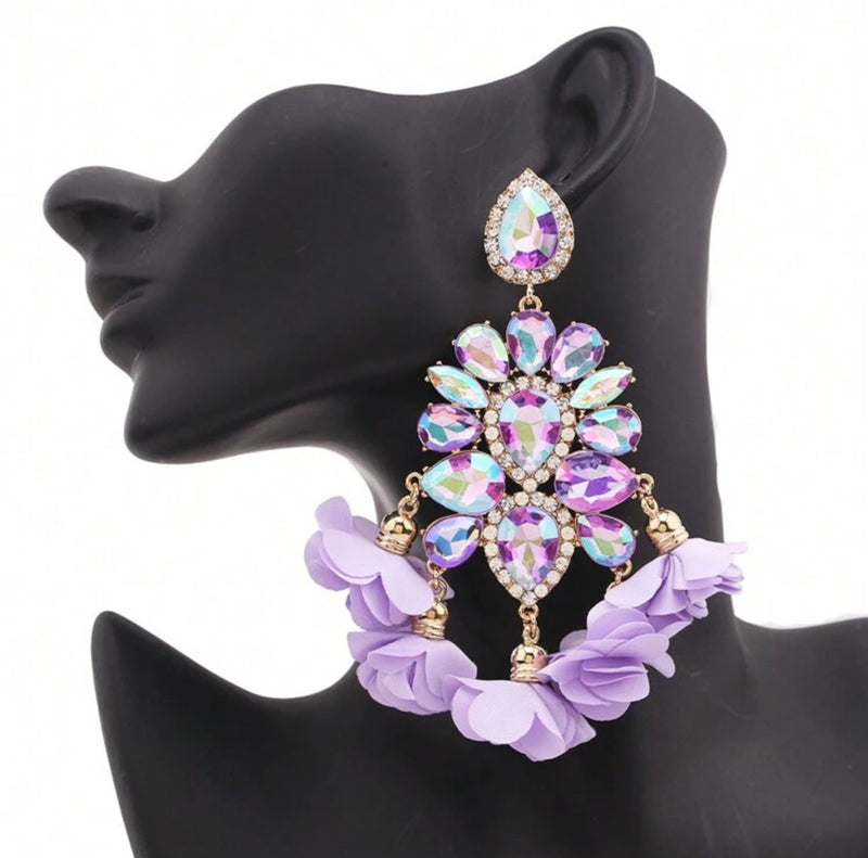 Clip on 5" XXL gold and fluorescent purple stone earrings w/cloth flowers