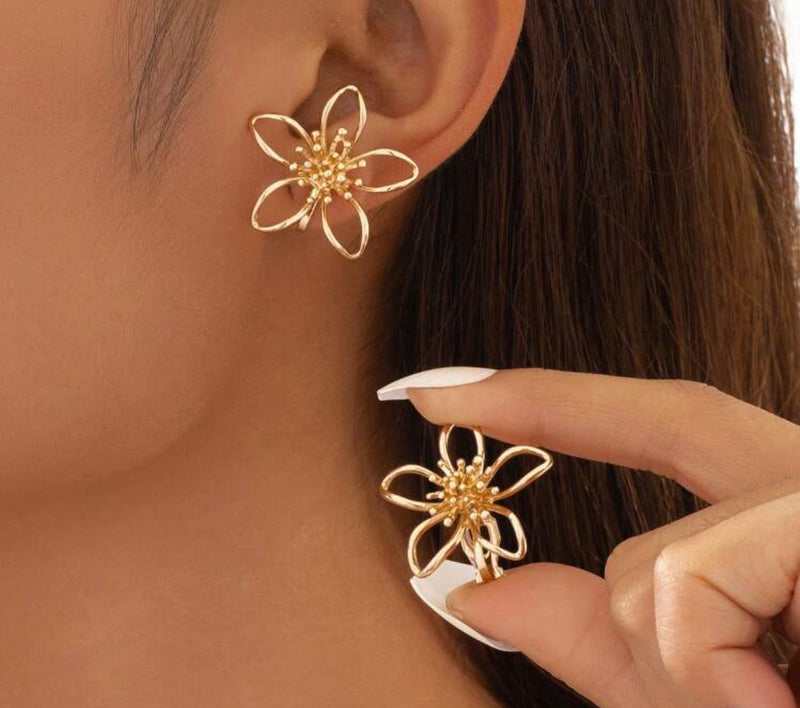 Clip on 1 1/4" gold cutout point end flower button style earrings