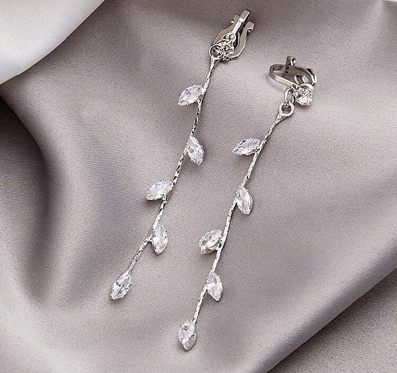 Clip on 3" silver clear stone dangle vine earrings