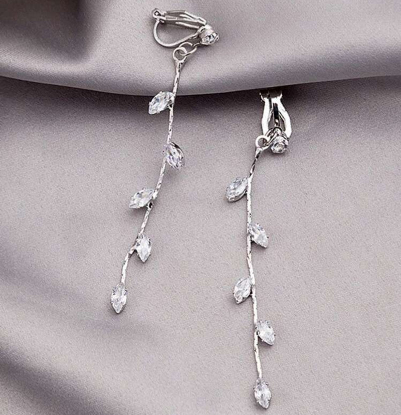 Clip on 3" silver clear stone dangle vine earrings