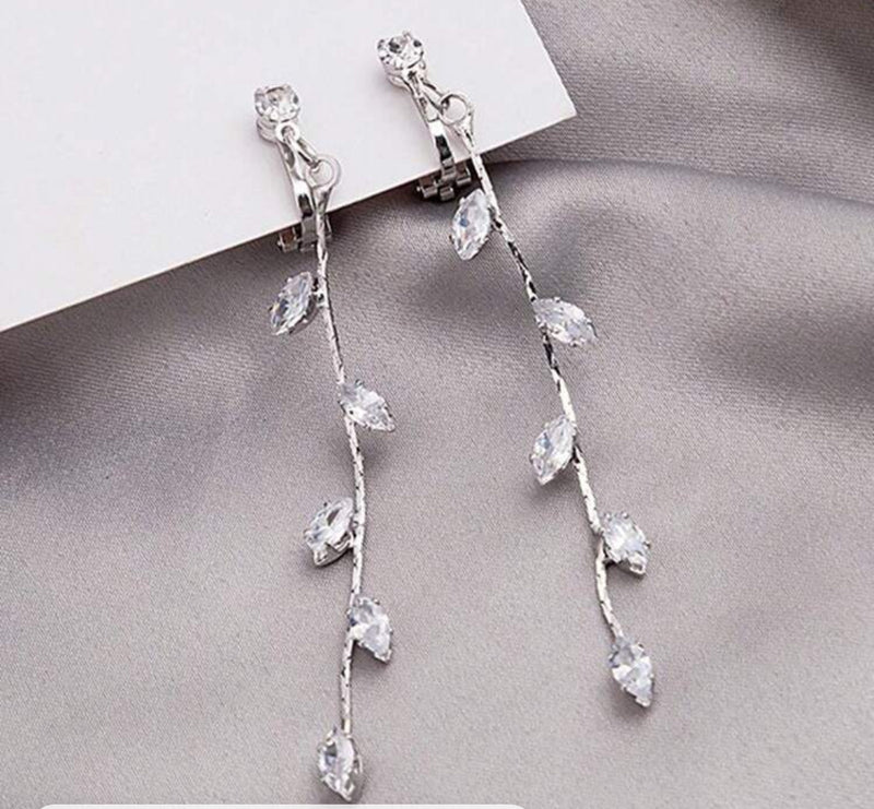 Clip on 3" silver clear stone dangle vine earrings