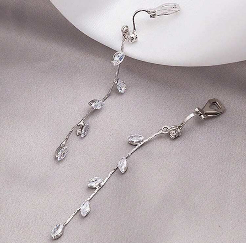 Clip on 3" silver clear stone dangle vine earrings