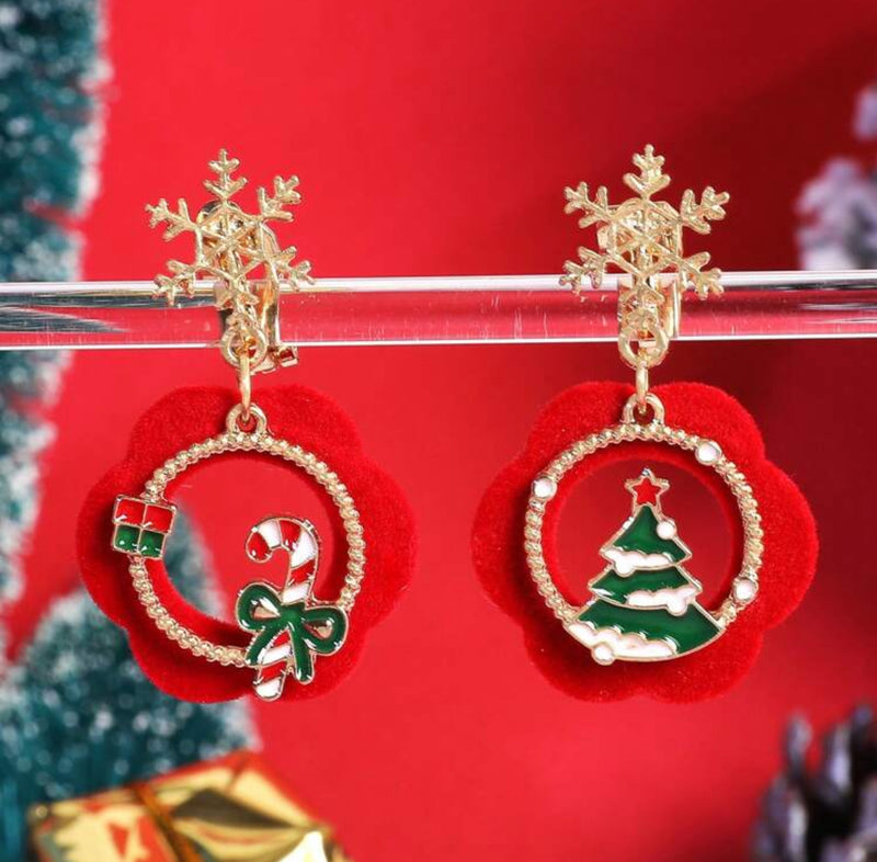 Clip on 1 3/4" gold multi colored Christmas tree and candy cane earrings