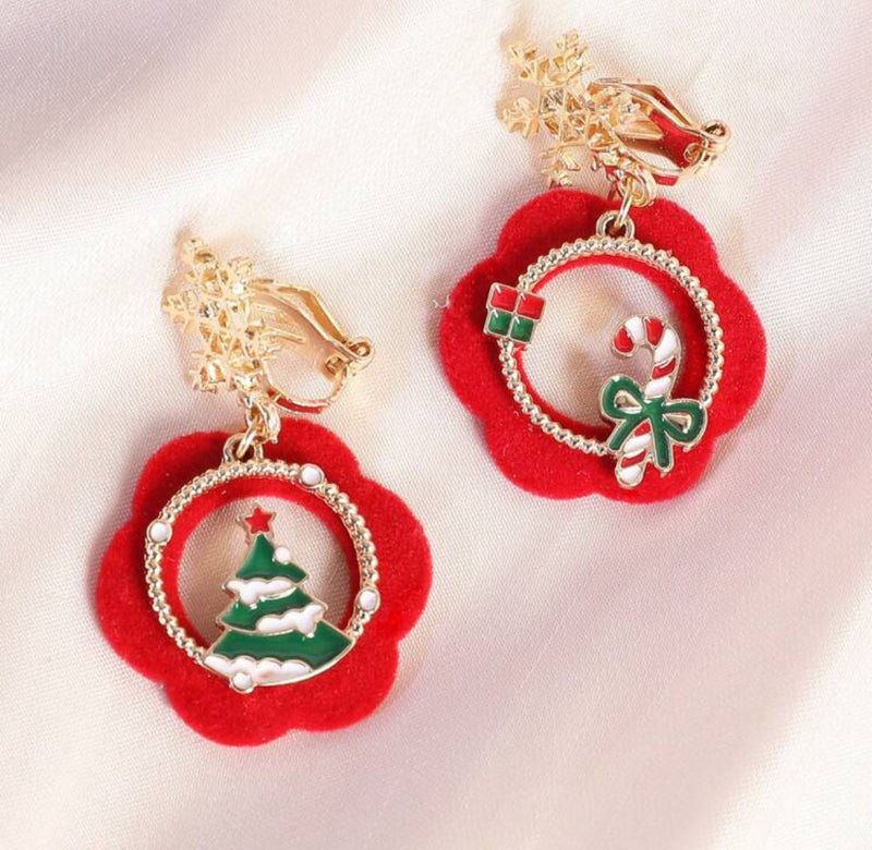 Clip on 1 3/4" gold multi colored Christmas tree and candy cane earrings