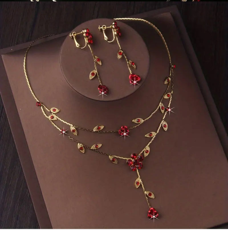 Vintage clip on gold, red stone flower vine necklace and earrings set