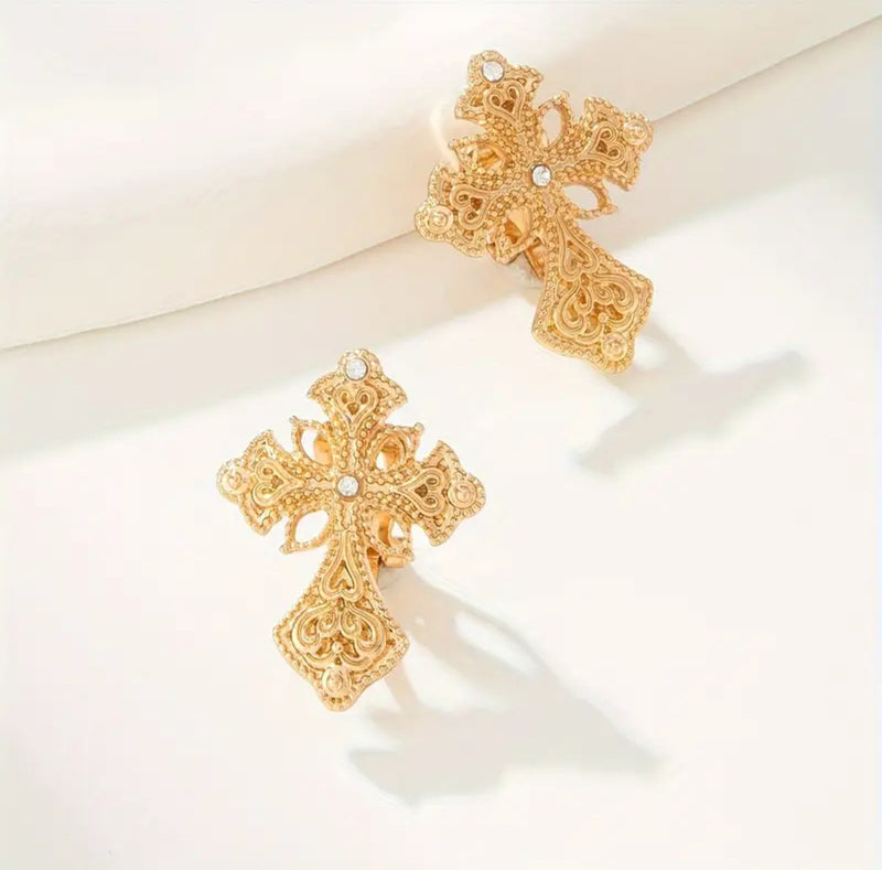 Clip on 1" gold and clear stone pointed cutout edge cross earrings