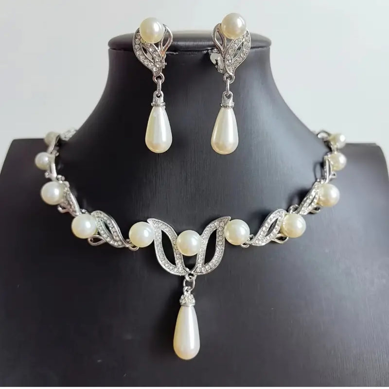 Vintage clip on silver vine, clear stone, and white pearl necklace and earring set