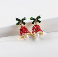 Pierced gold, red and green stone dangle Christmas bell earrings with pearl