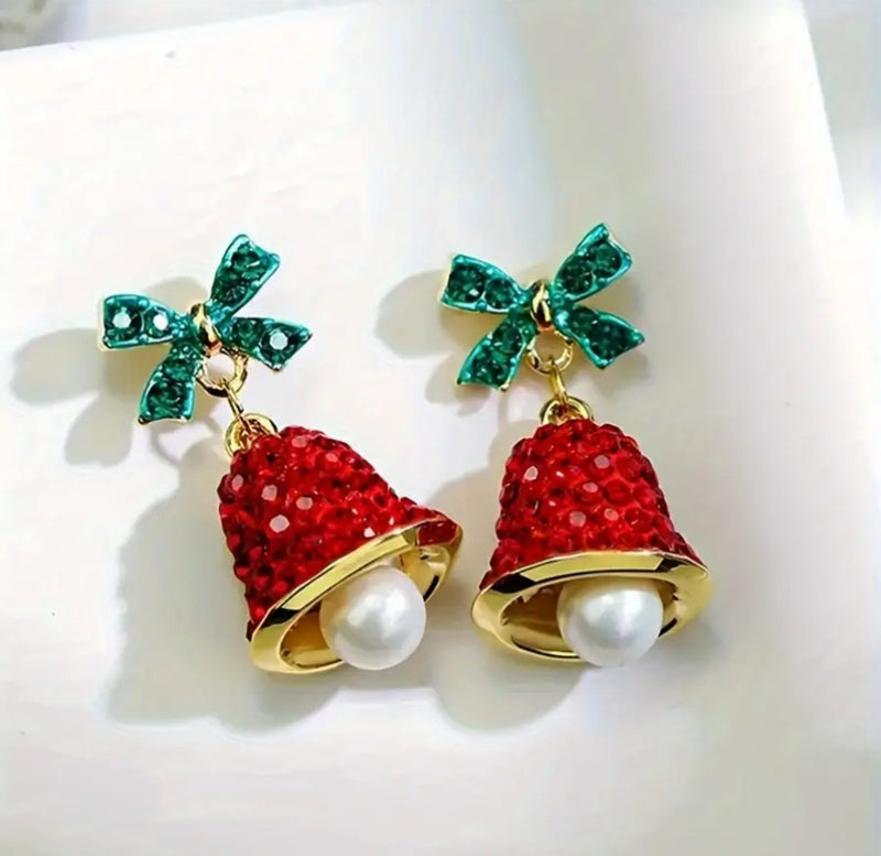 Pierced gold, red and green stone dangle Christmas bell earrings with pearl