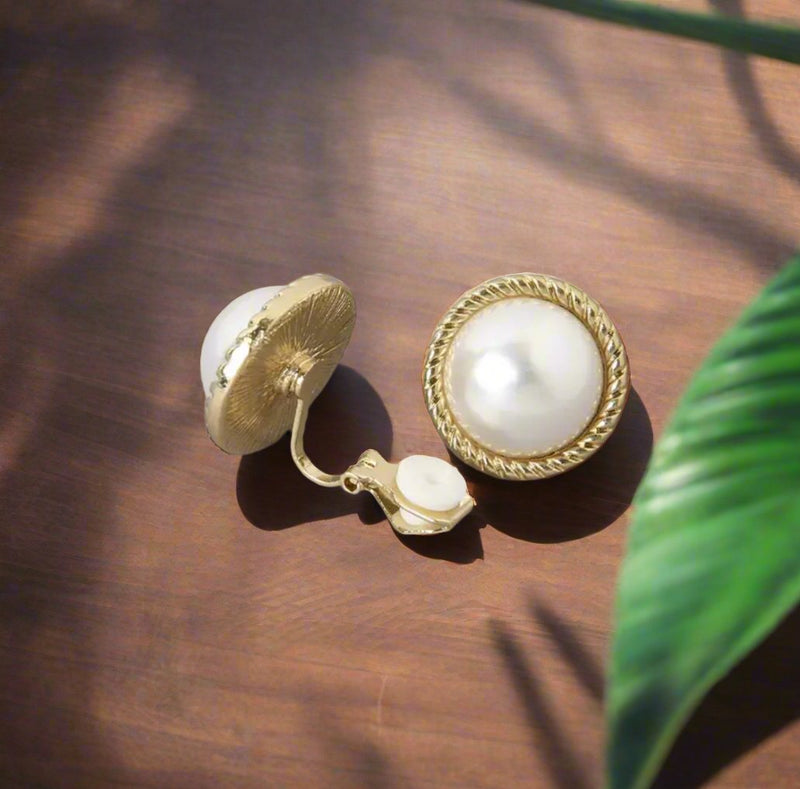 Clip on 3/4" small gold and white pearl twisted edge button style earrings