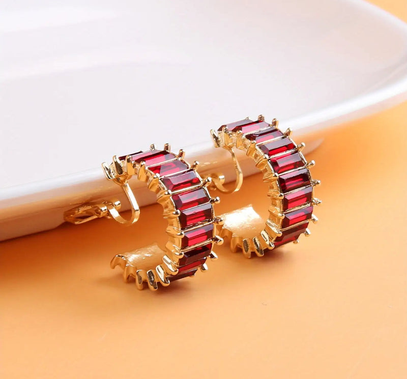 Clip on 1" gold and red wide stone hoop earrings