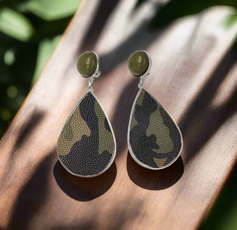 Clip on 3 1/4" long silver and green camouflage print dangle teardrop earrings