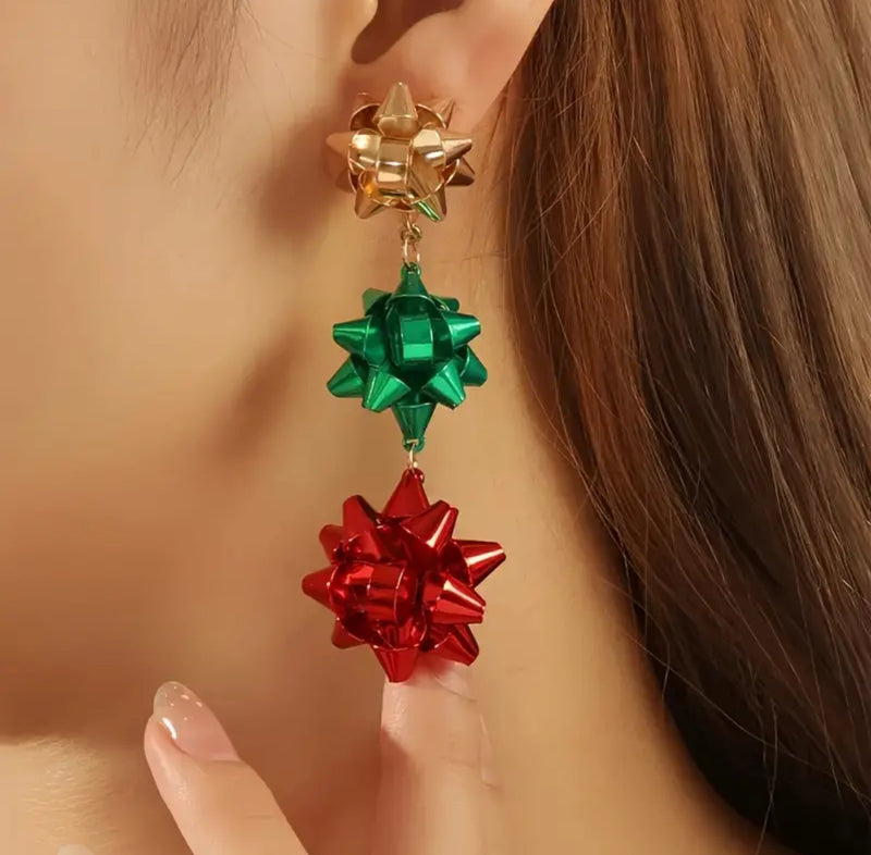 Pierced 2 3/4" gold, red, and green Christmas bow dangle earrings