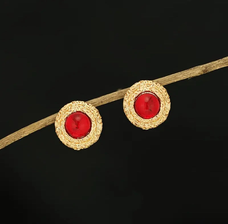 Clip on 1" gold textured red stone round button style earrings