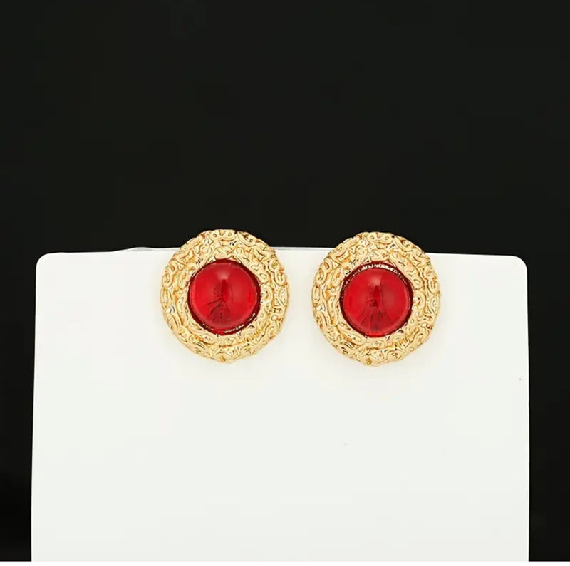 Clip on 1" gold textured red stone round button style earrings