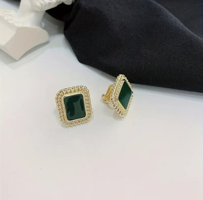 Clip on 3/4" gold and green square stone earrings with twisted edges