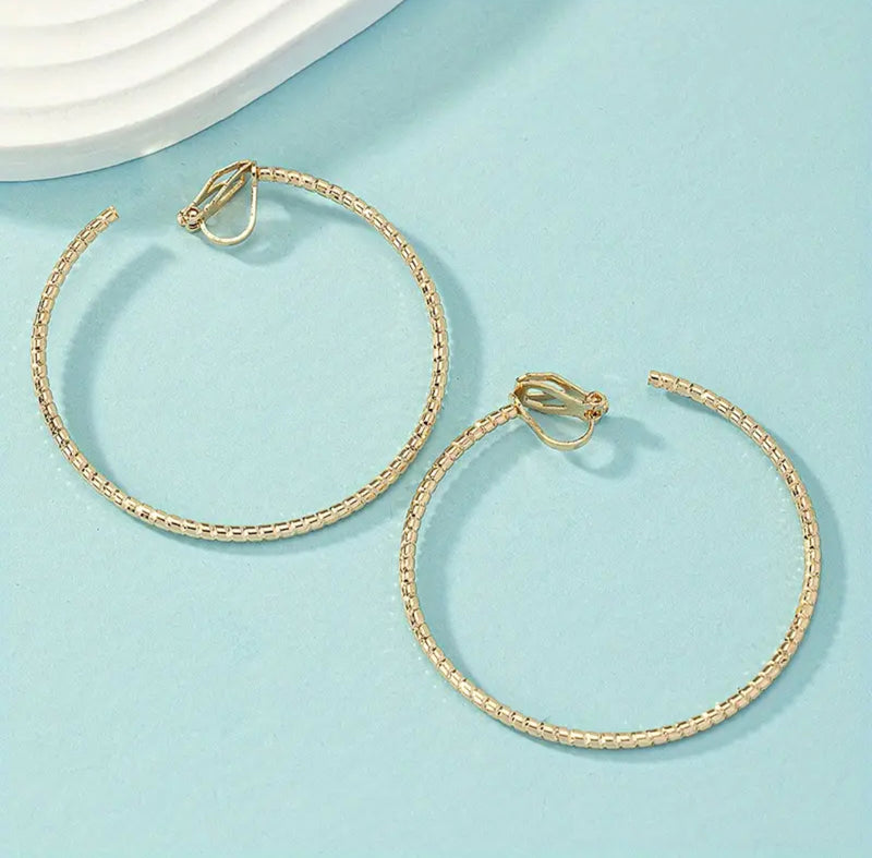 Clip on 2" lightweight gold block style open back hoop earrings