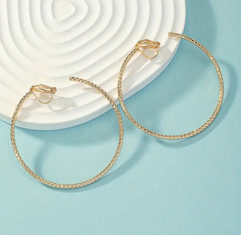 Clip on 2" lightweight gold block style open back hoop earrings