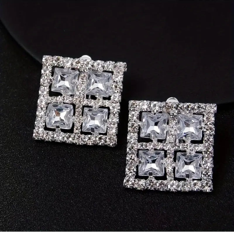 Clip on 1 1/2" large silver and clear stone square cut earrings