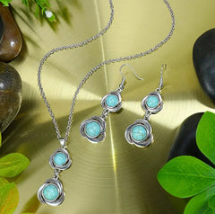 Pierced silver chain and turquoise stone pendant necklace and earring set