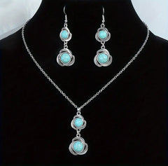 Pierced silver chain and turquoise stone pendant necklace and earring set