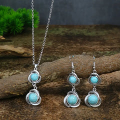 Pierced silver chain and turquoise stone pendant necklace and earring set