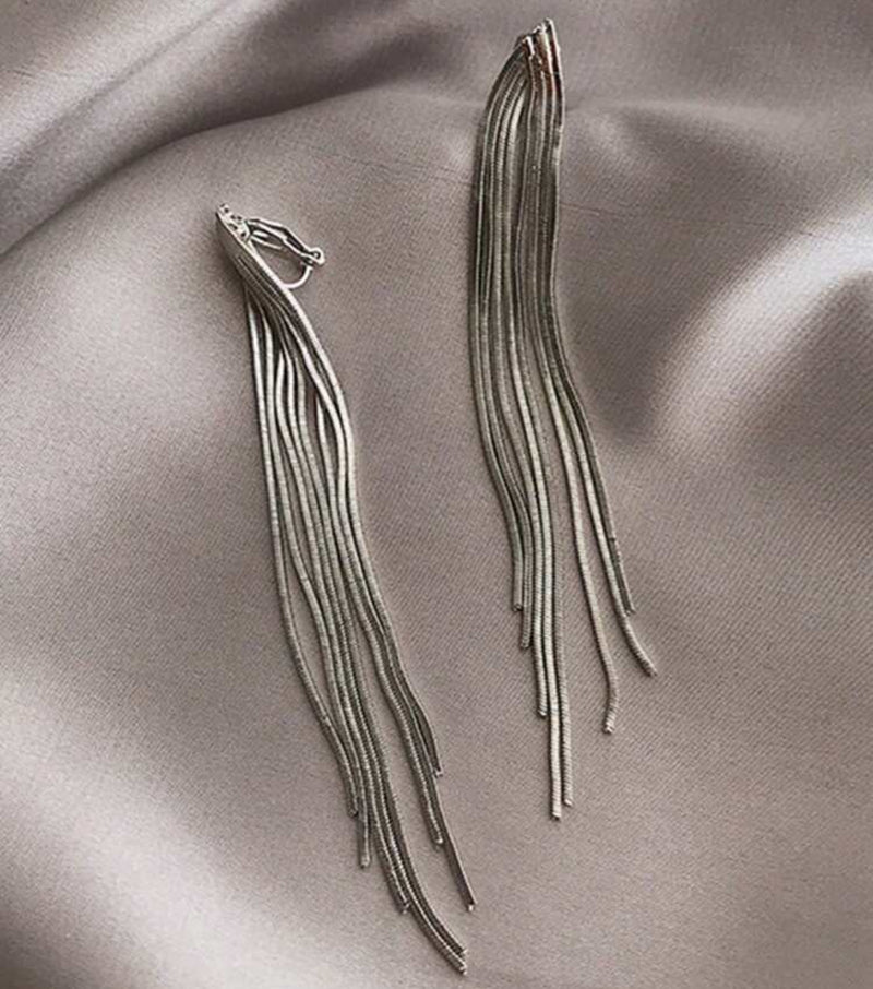 Classy 3 3/4" clip on silver pointed multi strand chain earrings