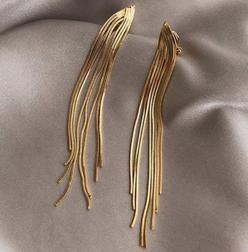 Classy 3 3/4" clip on gold pointed multi strand chain earrings