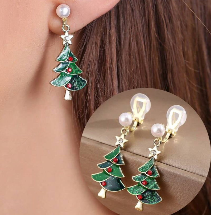 Clip on 1 3/4" gold and green multi colored Christmas Tree earrings w/pearl