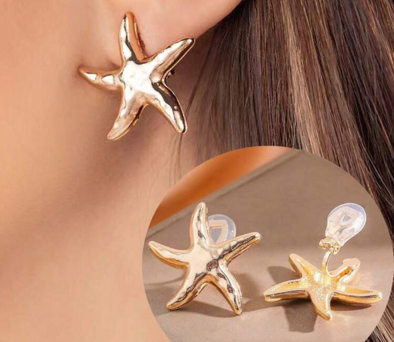 Clip on 1" gold hammered starfish button style earrings