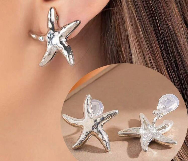 Clip on 1" silver hammered starfish button style earrings