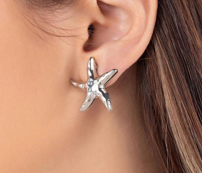 Clip on 1" silver hammered starfish button style earrings