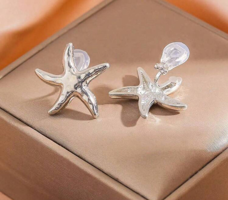 Clip on 1" silver hammered starfish button style earrings